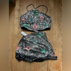 NWT Embellished Flower Cut Out Halter Mini Dress